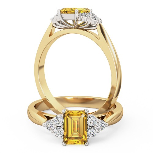 Inel de Logodna Solitaire cu Diamante Mici pe Lateral Dama Galben&Aur Alb 18kt cu un Citrin Central in Forma de Smarald-img1