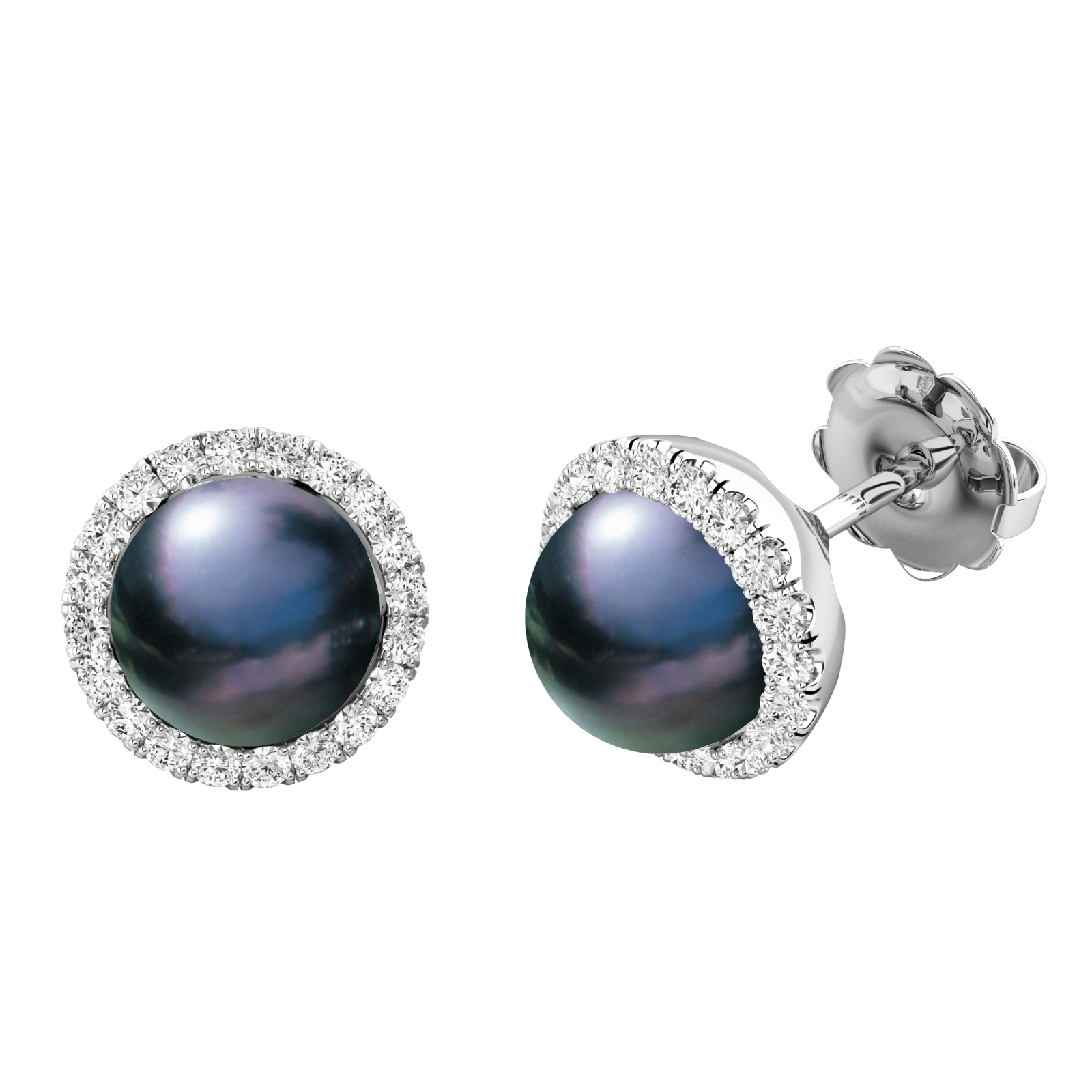 Cercei Stud Aur Alb 18kt cu Perle Negre si Diamante Rotunde Briliant-img1