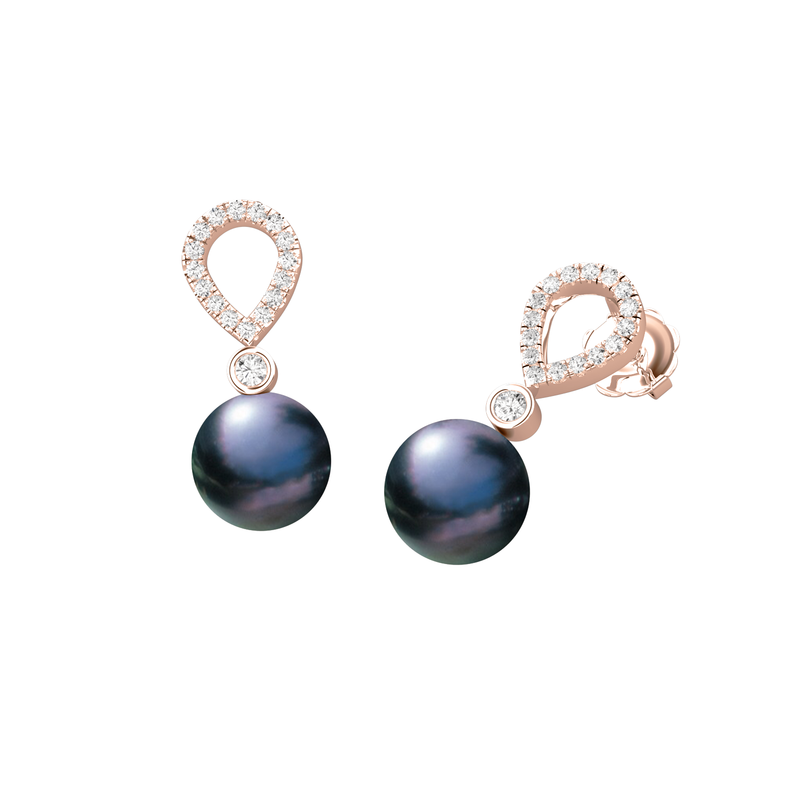 Cercei Eleganti din Aur Roz 18kt cu Perle Negre si Diamante Rotunde Briliant-img1