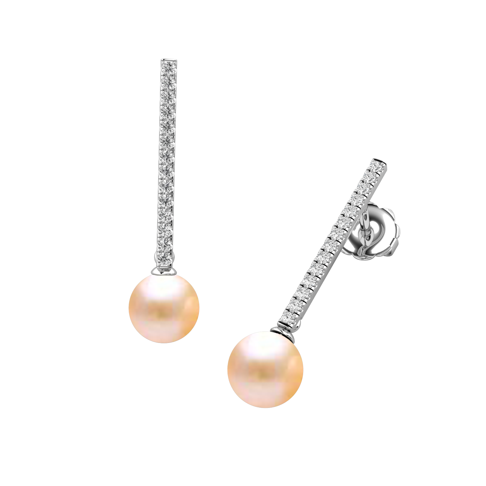 Cercei Lungi din Aur Alb 18kt cu Perle Piersic Deschis si cate 14 Diamante Rotunde Briliant-img1