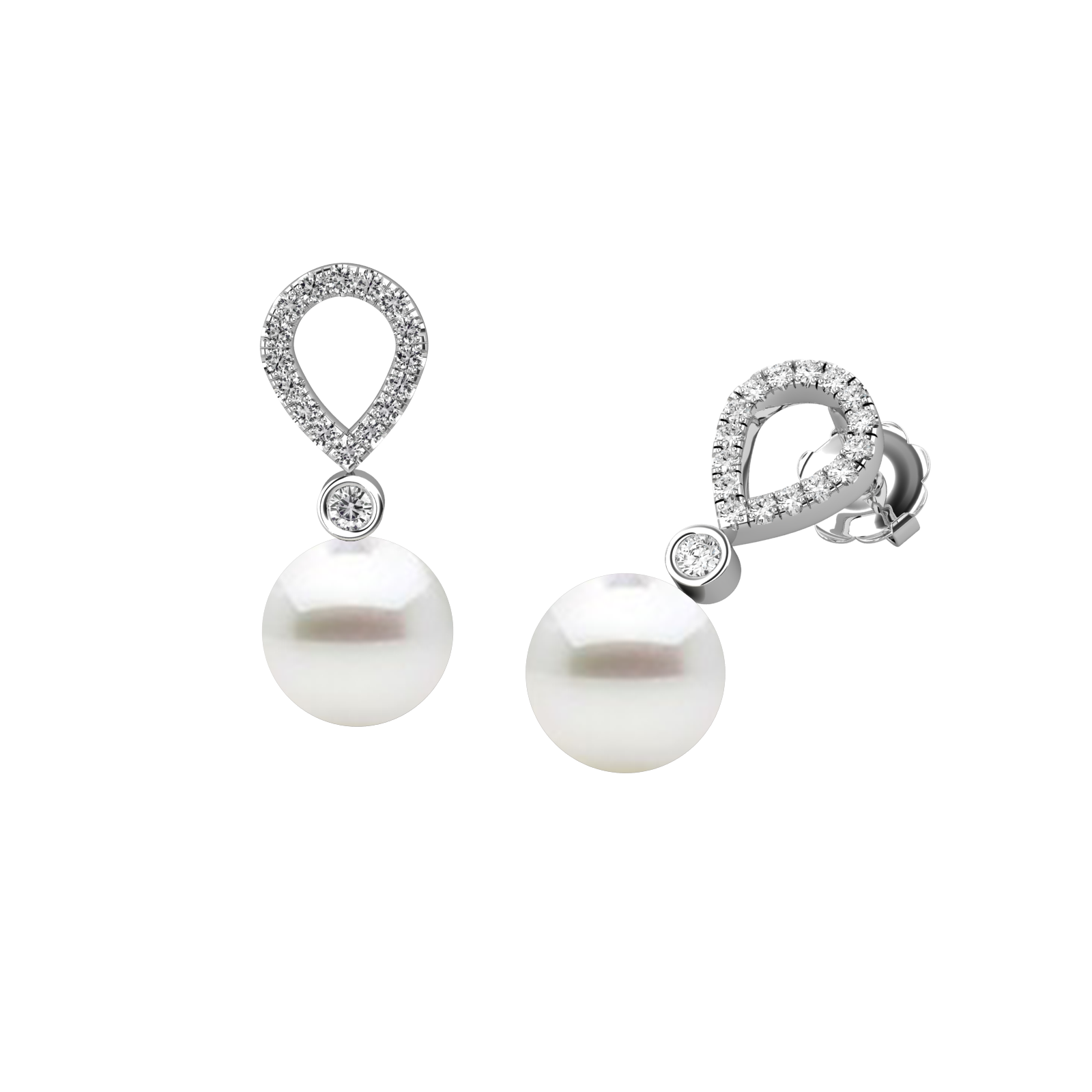 Cercei Eleganti din Aur Alb 18kt cu Perle Albe si Diamante Rotunde Briliant-img1