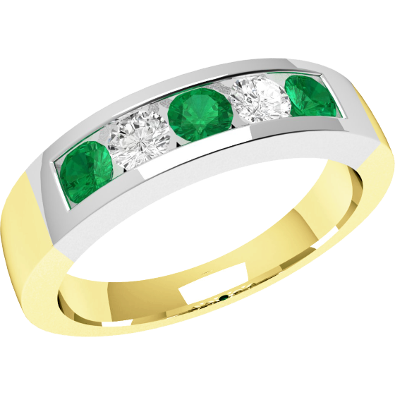 Emerald and Diamond Ring for Women in 18ct yellow and white gold with 3 round emeralds and 2 round brilliant cut diamonds in a channel setting-img1