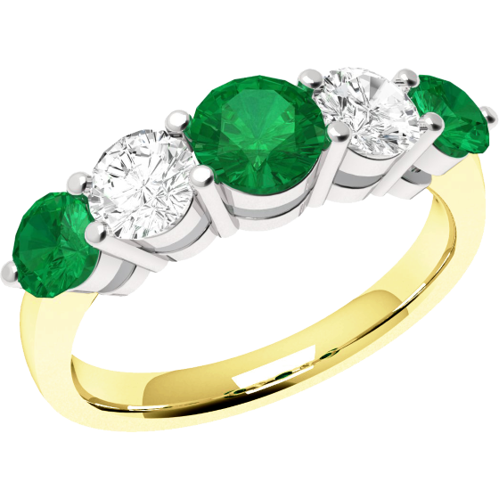 Emerald and Diamond Eternity Ring for Women in 18ct yellow and white gold with 3 round emeralds and 2 round brilliant cut diamonds, all in a claw setting-img1