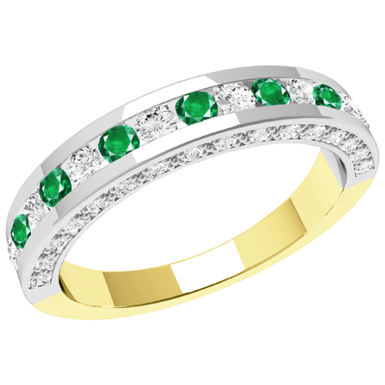 Emerald and Diamond Ring for Women in 18ct yellow and white gold with round emeralds and brilliant cut diamonds in the centre and diamonds on both sides-img1