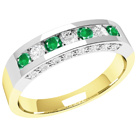 Emerald and Diamond Ring for Women in 18ct yellow and white gold with 4 emeralds and 3 diamonds in a channel setting and diamonds in claw setting on either side of the ring-img1