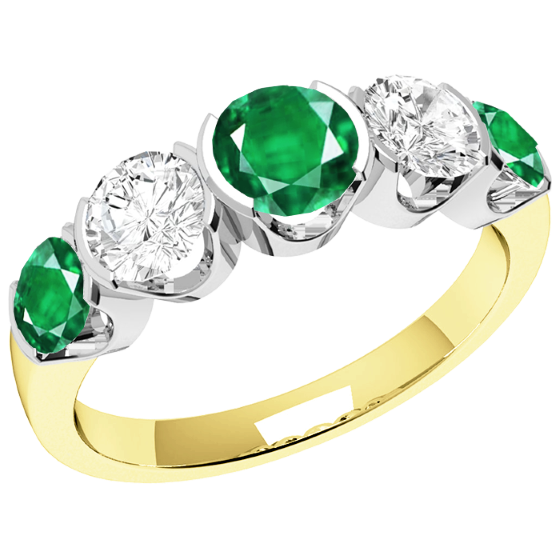 Emerald and Diamond Ring for Women in 18ct yellow and white gold with 3 round emeralds and 2 round brilliant cut diamonds in a part rub-over setting-img1