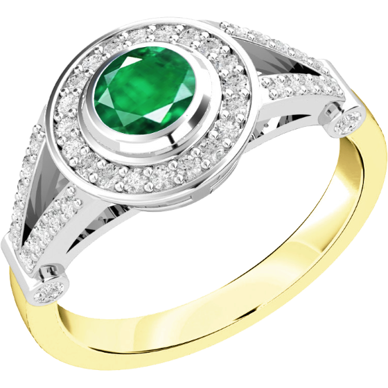 Emerald and Diamond Cluster Ring for Women in 18ct yellow and white gold with a round emerald centre in a rub-over setting, surrounded by smaller round brilliant cut diamonds in claw setting-img1