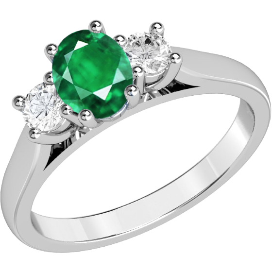 Smaragd und Diamant Ring für Dame in 18kt Weißgold mit 3 Steinen einem ovalen Smaragd und 2 runden Brillanten-img1