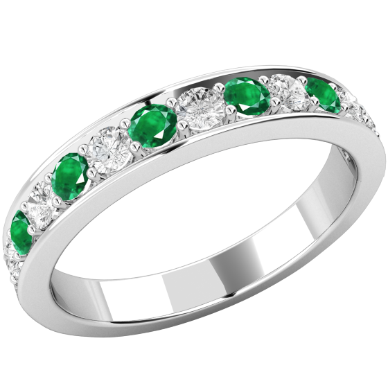 Emerald and Diamond Eternity Ring for Women in 18ct white gold with 7 round emeralds and 6 round brilliant cut diamonds all in a claw setting-img1