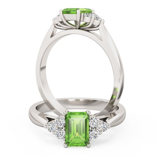 Inel de Logodna Solitaire cu Diamante Mici pe Lateral Dama Aur Alb 18kt cu un Peridot Central in Forma de Smarald-img1