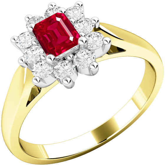 Ruby and Diamond Cluster Ring for Women in 18ct yellow and white gold with an emerald cut centre ruby and a round brilliant cut diamond surround, all in a claw setting-img1