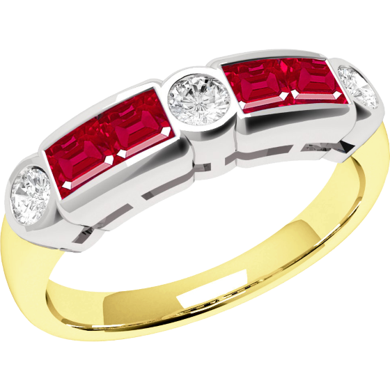 Ruby and Diamond Ring for Women in 18ct yellow and white gold with 4 square rubies and 3 round brilliant cut diamonds in rub-over setting-img1