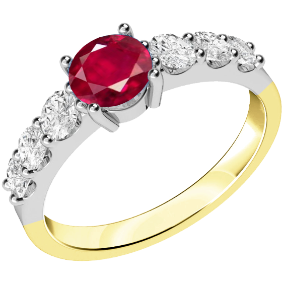 Ruby and Diamond Ring for Women in 18ct yellow and white gold with a central round ruby with 3 round brilliant cut diamonds on either side, all in claw setting-img1