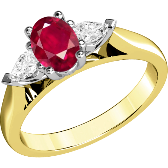 Ruby and Diamond Ring for Women in 18ct yellow and white gold with an oval cut ruby and two pear-shaped diamonds, all in a claw setting-img1