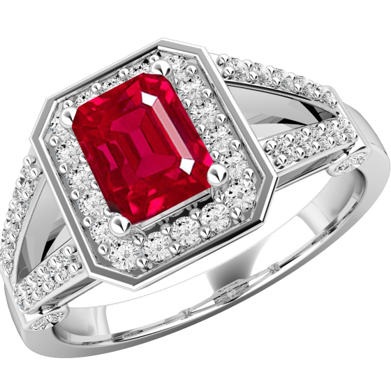 Ruby and Diamond Cluster Ring for Women in 18ct white gold with an emerald cut ruby surrounded by round brilliant cut diamonds-img1