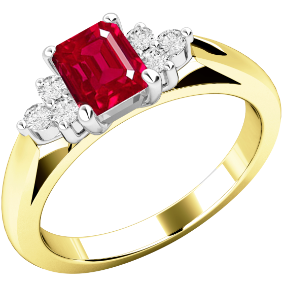 Ruby and Diamond Ring for Women in 18ct yellow and white gold with an octagon cut ruby centre and a cluster of 3 round brilliant cut diamonds on either side, all in claw setting-img1