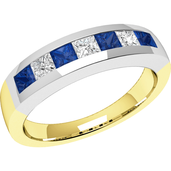 Sapphire and Diamond Ring for Women in 18ct yellow and white gold with 4 square sapphires and 3 princess cut diamonds, all in a channel setting-img1