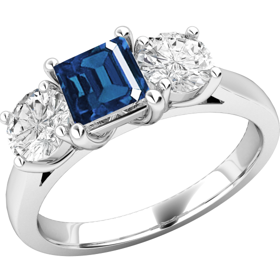 RDS216W Sapphire and Diamond Ring for Women in 18ct white gold with a square cut sapphire in the centre and a round brilliant cut diamond on either side, all in a claw setting-img1