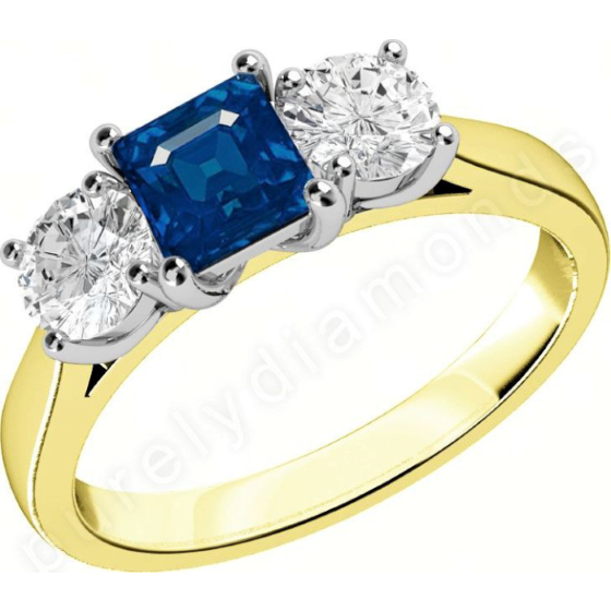 RDS216YW Sapphire and Diamond Ring for Women in 18ct yellow and white gold with a square cut sapphire in the centre and a round brilliant cut diamond on either side, all in a claw setting-img1