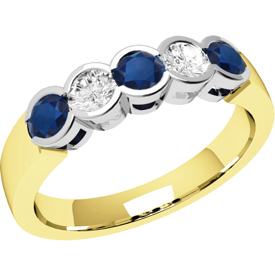 Sapphire and Diamond Ring for Women in 18ct yellow and white gold with 3 round sapphires and 2 round brilliant cut diamonds, all in a rub-over setting-img1