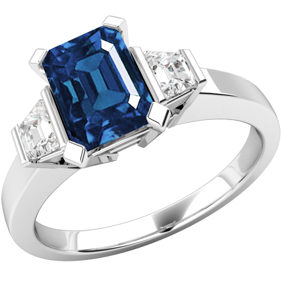 Inel de Logodna cu Safir si Diamante Dama Aur Alb 18kt, cu un Rubin Central Taietura Smarald cu 2 Diamante in Forma Trapez-img1