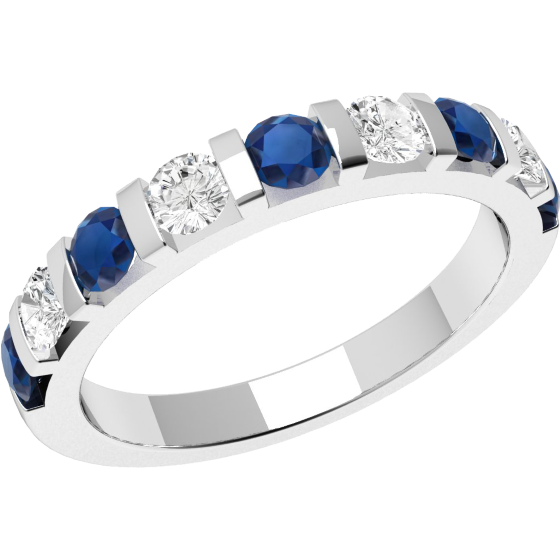 Sapphire and Diamond Ring for Women in 18ct white gold with 5 round sapphires and 4 round brilliant cut diamonds, all in a bar setting-img1