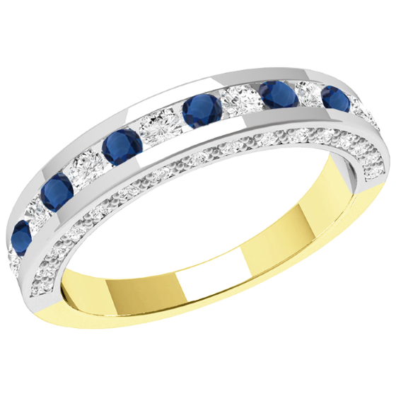 Sapphire and Diamond Ring for Women in 18ct yellow and white gold with round sapphires and brilliant cut diamonds in the centre and diamonds on both sides-img1