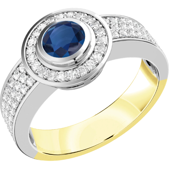 Sapphire and Diamond Cluster Ring for Women in 18ct yellow and white gold with a sapphire in rub-over setting, surrounded by small round brilliant cut diamonds in a claw setting-img1