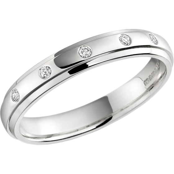 Diamond Set Wedding Ring for Women in Platinum with 5 Round Brilliant Cut Diamonds in a Rub-Over Setting, Court, Width 3.5mm-img1