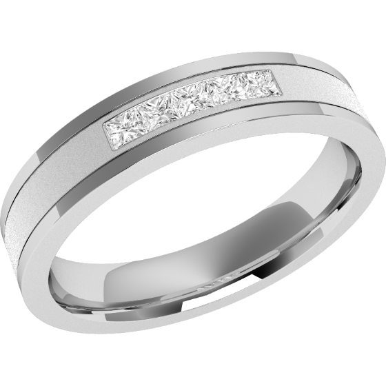 Diamond Set Wedding Ring for Women in Platinum with Five Princess Cut Diamonds in a Channel Setting, Court, Width 4mm-img1