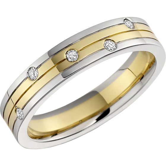 Diamond Set Wedding Ring for Women in 18ct Yellow and White Gold with 5 Round Brilliant Cut Diamonds in a Rub-Over Setting, Flat Top/Courted Inside, Width 4mm-img1