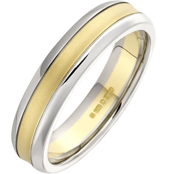 Plain Wedding Band for Women in 18ct Yellow & White Gold with a sandblasted yellow centre and polished white gold edges, Width 4mm-img1