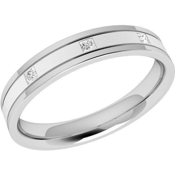 Diamond Set Wedding Ring for Women in Platinum with 3 Princess Cut Diamonds in a Rub-Over Setting, Flat Top/Courted Inside, Width 3.5mm-img1