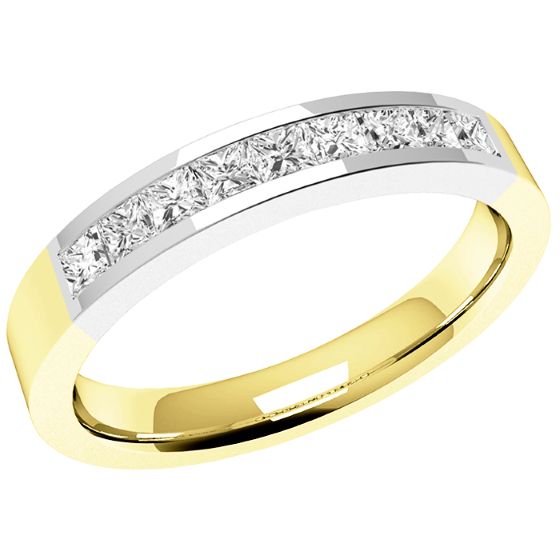 Half Eternity Ring/Diamond set wedding ring for women in 18ct yellow & white gold with 9 princess cut diamonds in channel setting-img1
