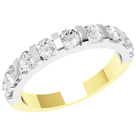 Half Eternity Ring/Diamond set wedding ring for women in 18ct yellow and white gold with 9 round brilliant cut diamonds in bar setting, court profile, width 2.9mm-img1