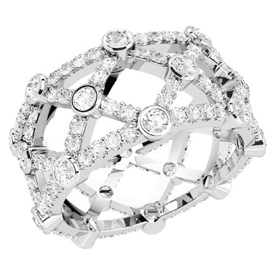 Diamond Set Wedding Ring/Dress Ring for Women in platinum with round brilliant cut diamonds in claw and rub-over settings going all the way around, width 10.75mm-img1