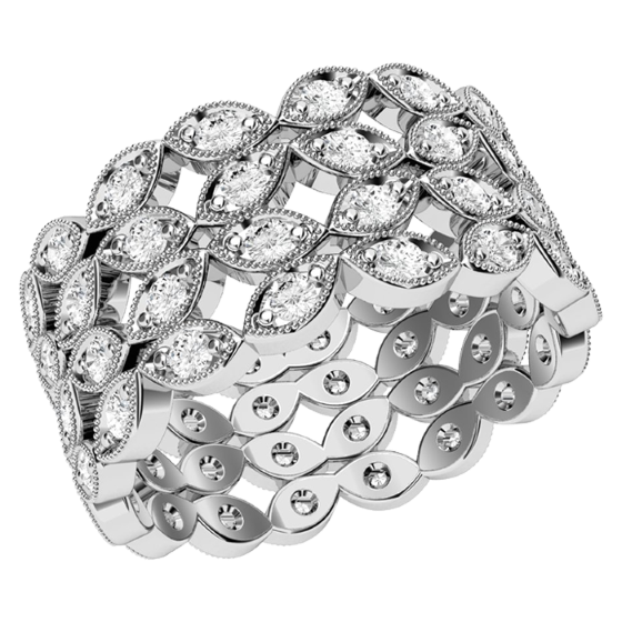 Diamond Set Wedding Ring/Dress Ring for Women in platinum with round brilliant cut diamonds in 4 rows with claw/pave setting going all the way around, width 9.5mm-img1