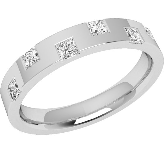 Diamond Set Wedding Ring for Women in Platinum with 6 Princess Cut Diamonds Set on Alternate Edges, Flat Top/Courted Inside, Width 3.2mm-img1