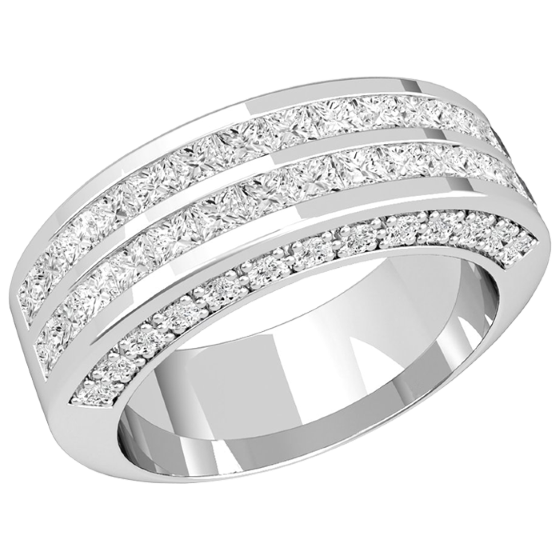 Dress Cocktail Ring/Wedding Ring for Women in platinum with princess cut diamonds in 2 rows with round brilliant cut diamonds on either side, width 7.2mm-img1