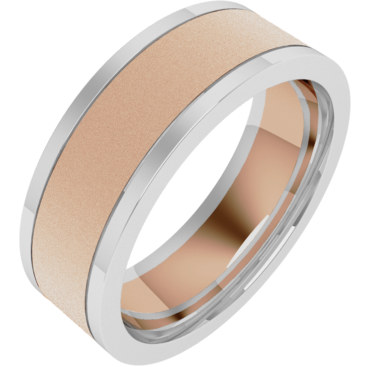 Plain Wedding Band for Men in 18ct Rose and White Gold, Sandblasted with Polished Edges, Flat Top/Courted Inside-img1
