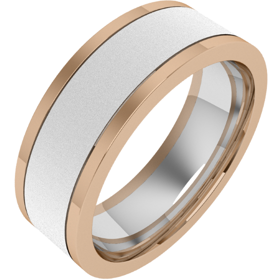 Plain Wedding Band for Men in 18ct White and Rose Gold, Sandblasted with Polished Edges, Flat Top/Courted Inside-img1