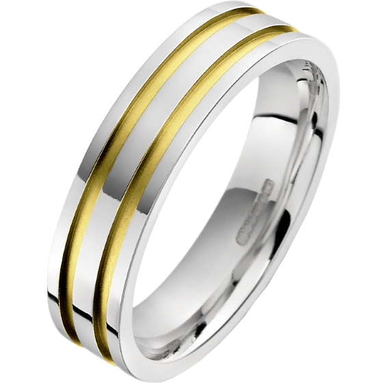 Plain Wedding Ring for Men in 18ct Yellow and White Gold with Two Sandblasted Grooves, Flat Top/Courted Inside-img1