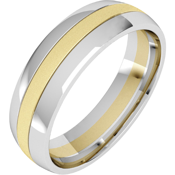 Plain Wedding Band for Men in 18ct Yellow and White Gold Court Profile with a Sandblasted Gold Centre Row, Width 6mm-img1