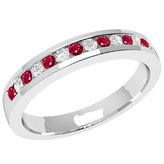 Rubin und Diamant Ring für Dame in 9kt Weißgold mit 8 runden Rubinen und 7 runden Brillanten in Kanalfassung, 2.9mm breit, Eternity Ring-img1