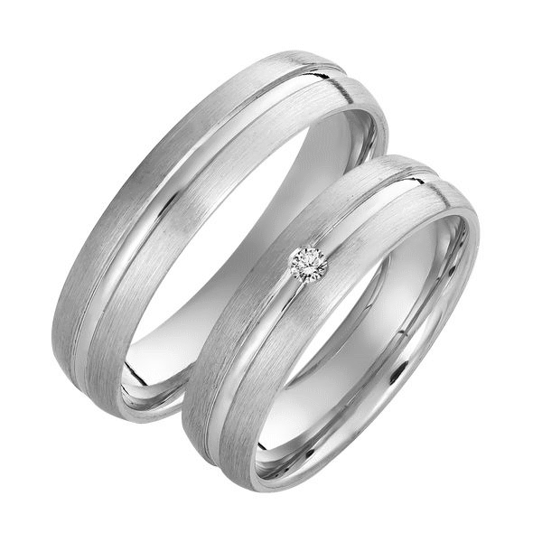 Set de Verighete Aur Alb 14kt cu un Diamant Rotund Briliant Profil Rotunjit, Finisaj Periat-img1