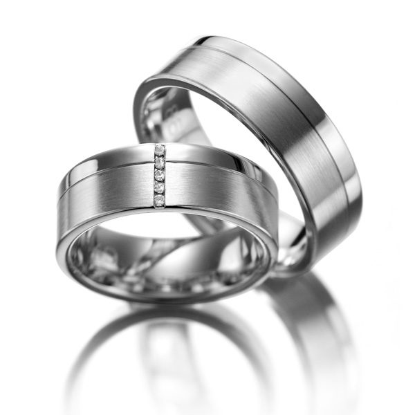 Set de Verighete Aur Alb 14kt cu 6 Diamante Rotund Briliant Profil Plat Finisaj Periat-img1