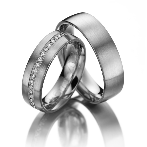 Set de Verighete Aur Alb 14kt cu Diamante Rotunde Briliant Setare Canal, Profil Periat-img1