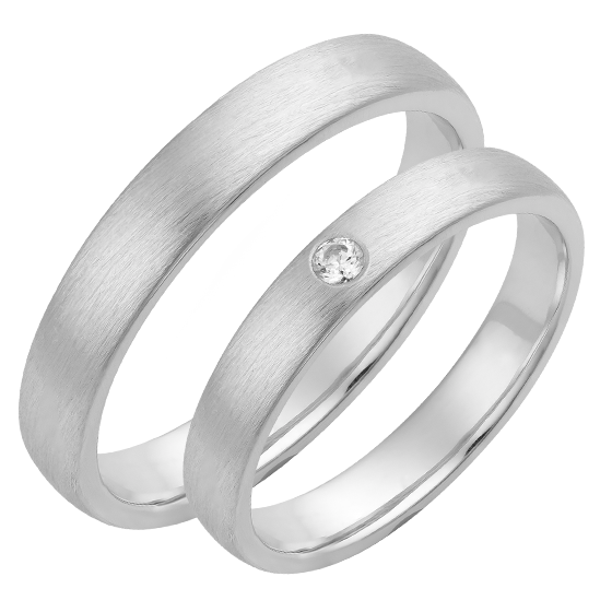 Set de Verighete Aur Alb 14kt cu un Diamant Rotund Briliant, Profil Rotunjit Finisaj Periat-img1