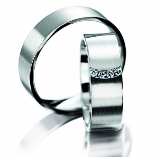 Set de Verighete Aur Alb 14kt cu 4 Diamante Rotund Briliant, Profil Plat-img1