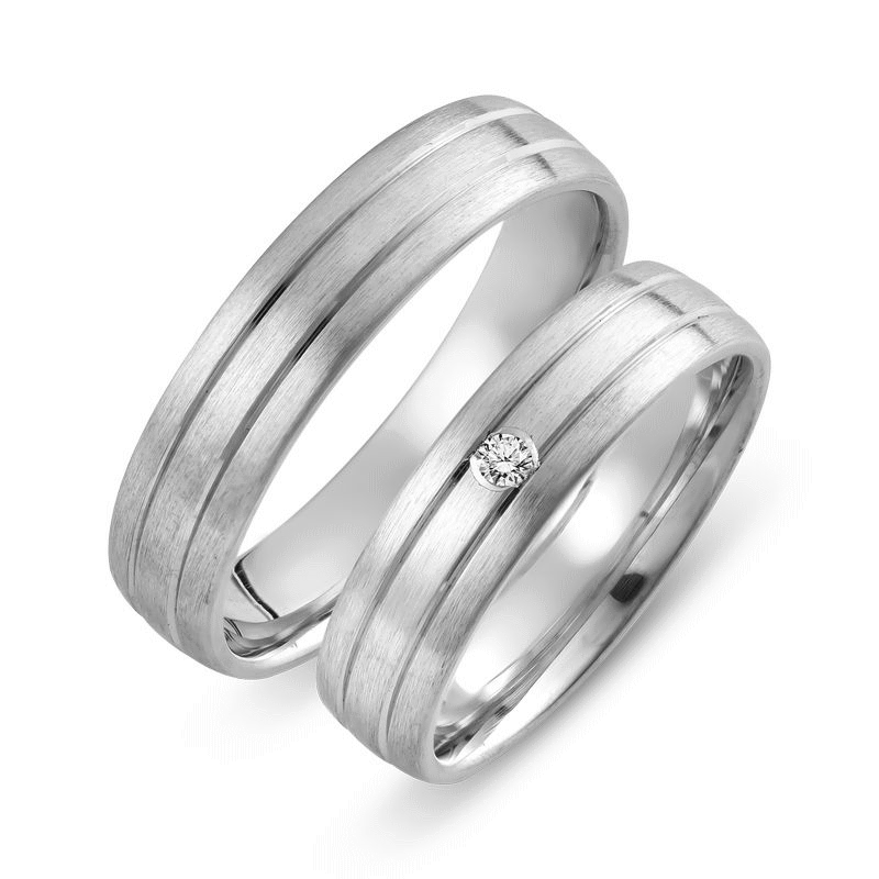 Set de Verighete Aur Alb 14kt cu un Diamant Rotund, Finisaj Mat si Profil Rotunjit-img1